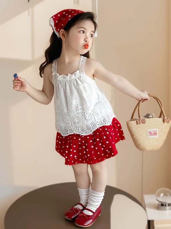 Summer Faionable Girls Small Red Hat Musoom Piing Cute Girl Embroidered Hooked Flower Polka Dot Skirt Pants Tee Piece...