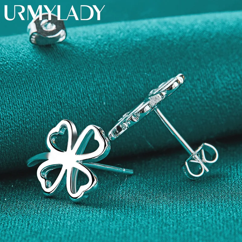 URMYLADY 925 Sterling Silver Four Leaf Clover Stud Earrings For Women Fashion Wedding Engagement Jewelry