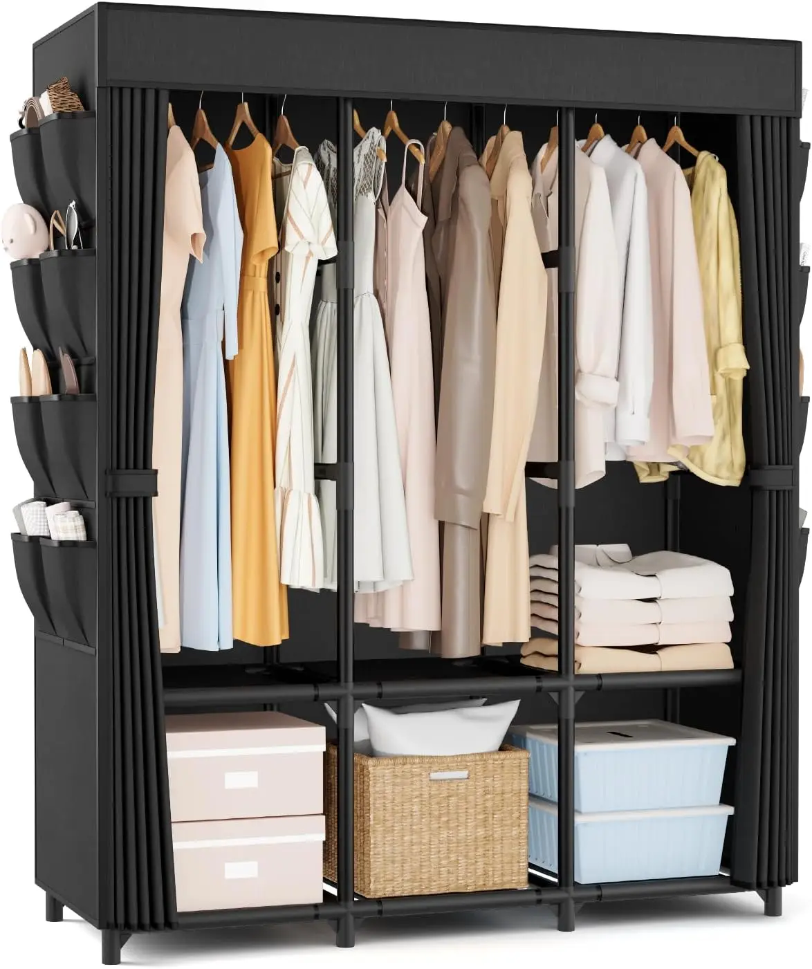 

Портативный шкаф-гардероб с чехлом, 3 штангами для одежды, 6 полками и боковым карманом для хранения вещей в спальне