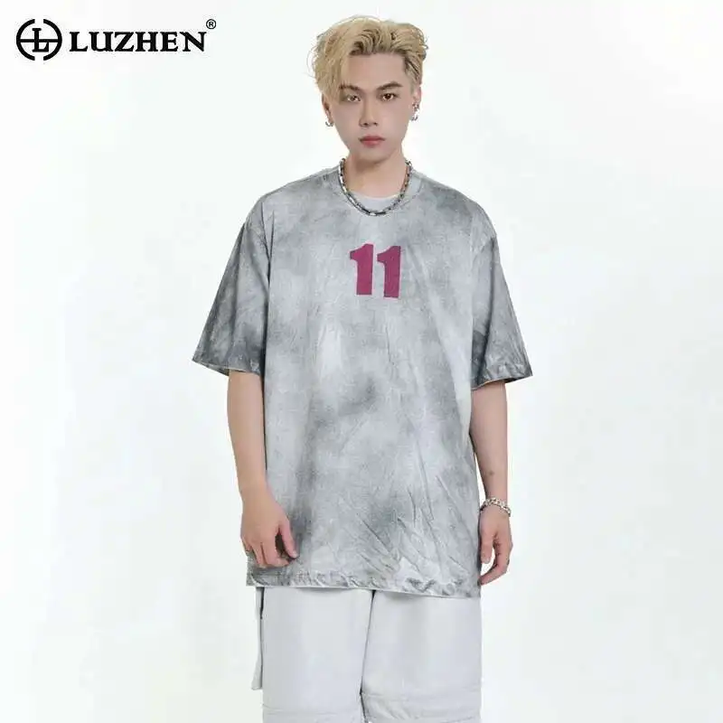 

LUZHEN 2025 New Fashion Wornout Tie-dyed Letter Printed Design Loose Short Sleeve T-shirt Men's Original Street Male Tops LZ9819