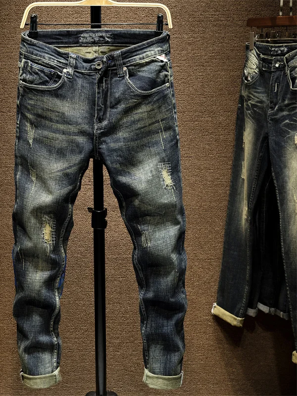 

High-End Men's Slim Fit Stretchy Casual Straight Leg Jeans Korean Version Retro Hole Printing Jeans Youthful Trendy Wear-resi...