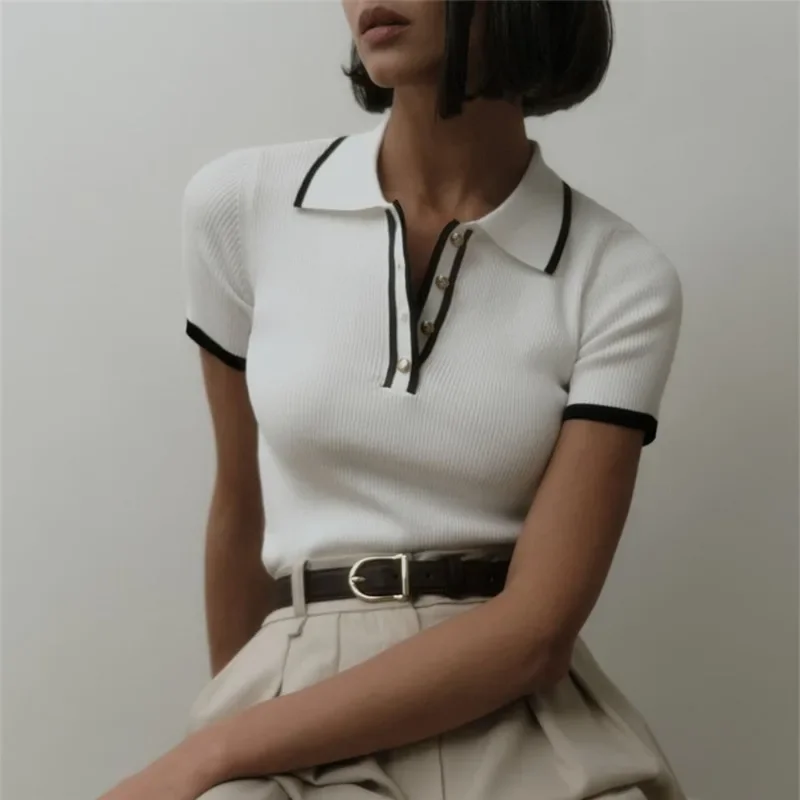 

Women's Knitted Pullover Fashion Short Sleeve Patchwork Sweater Top Elegant Slim Contrast Lapel Knitted Pullover Top
