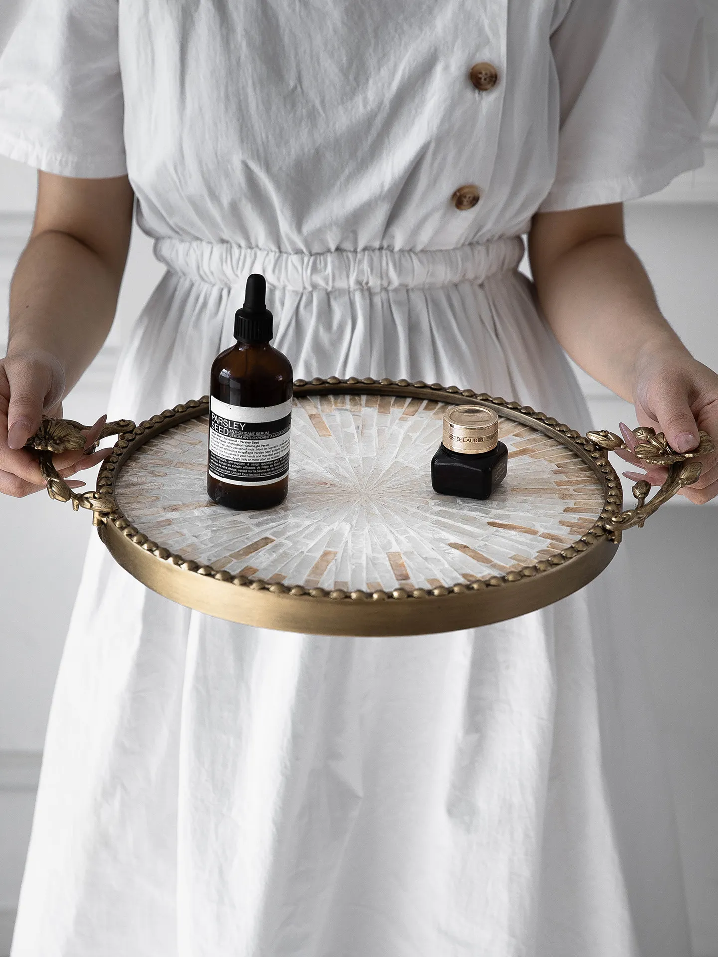 Luxury Round Mother of Pearl Inlay Tray with Metal Floral Handles Elegant Iron Serving Tray for Coffee Table Home Decor