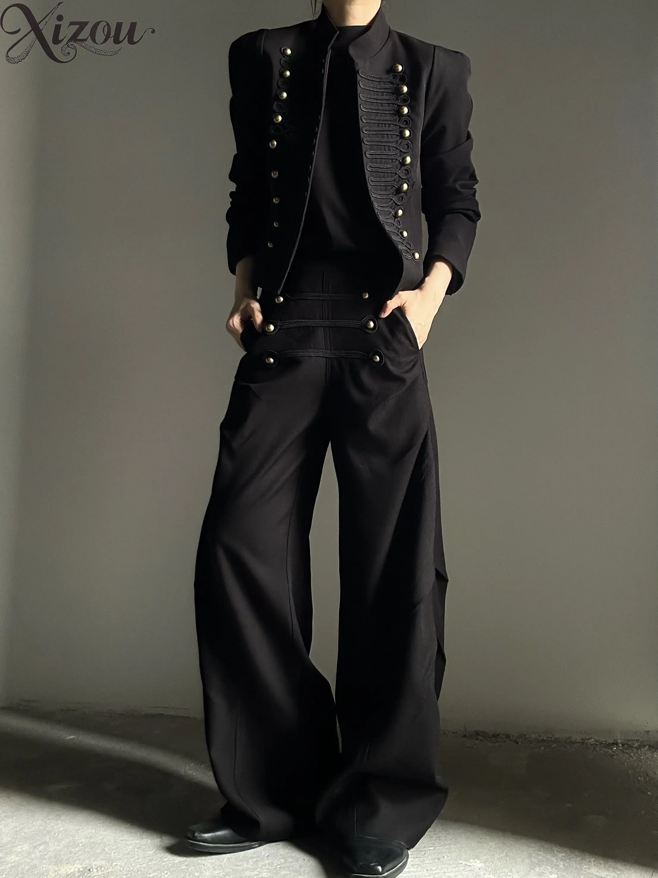 Court Style Napoleon Breasted Casual Trousers Men Dark Style Drape Elastic Waist Loose Wide Leg Trousers Men's Suit Pants