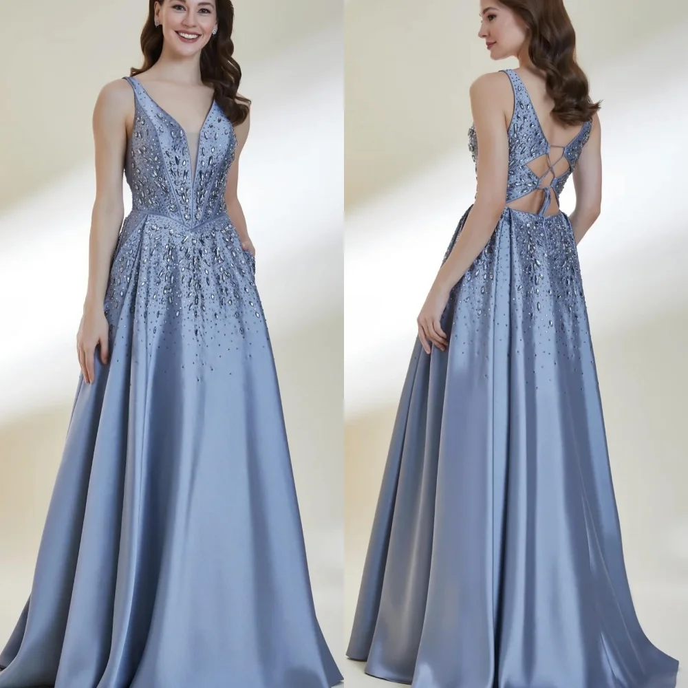 

Customized Modern Style Charmeuse Sequined Pleat A-line V-neck Long Dresses Bespoke Occasion Exquisite