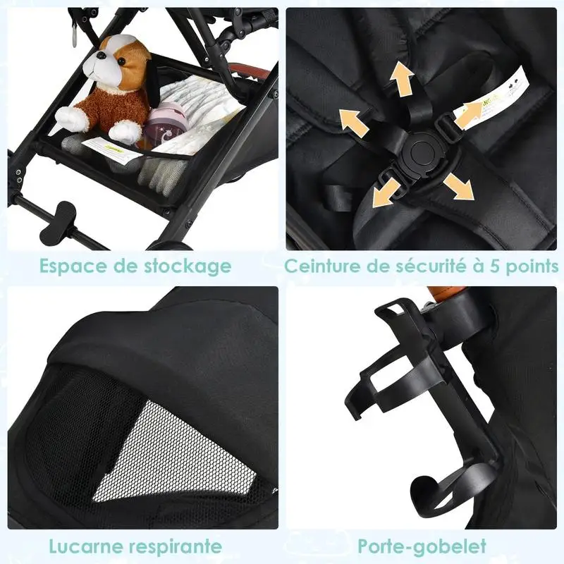 Poussette pliable de voyage avec dossier et capote réglables, poussette bébé avec porte-gobelet, noire