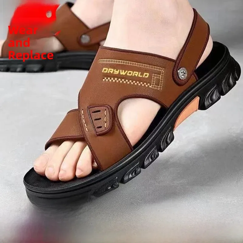 Men's Sandals Summer New Leather Surface Casual Beach Shoes Soft Bottom Anti-slip Dual-use Middle-aged Slippers Driving