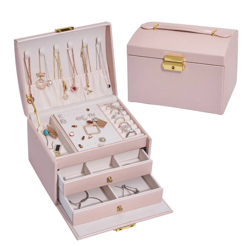 PU Leather 3 Layer Jewelry Box with Lock Drawer Design Storage Necklace Jewelry Earrings Large Size Organizer Women Jewelry Case