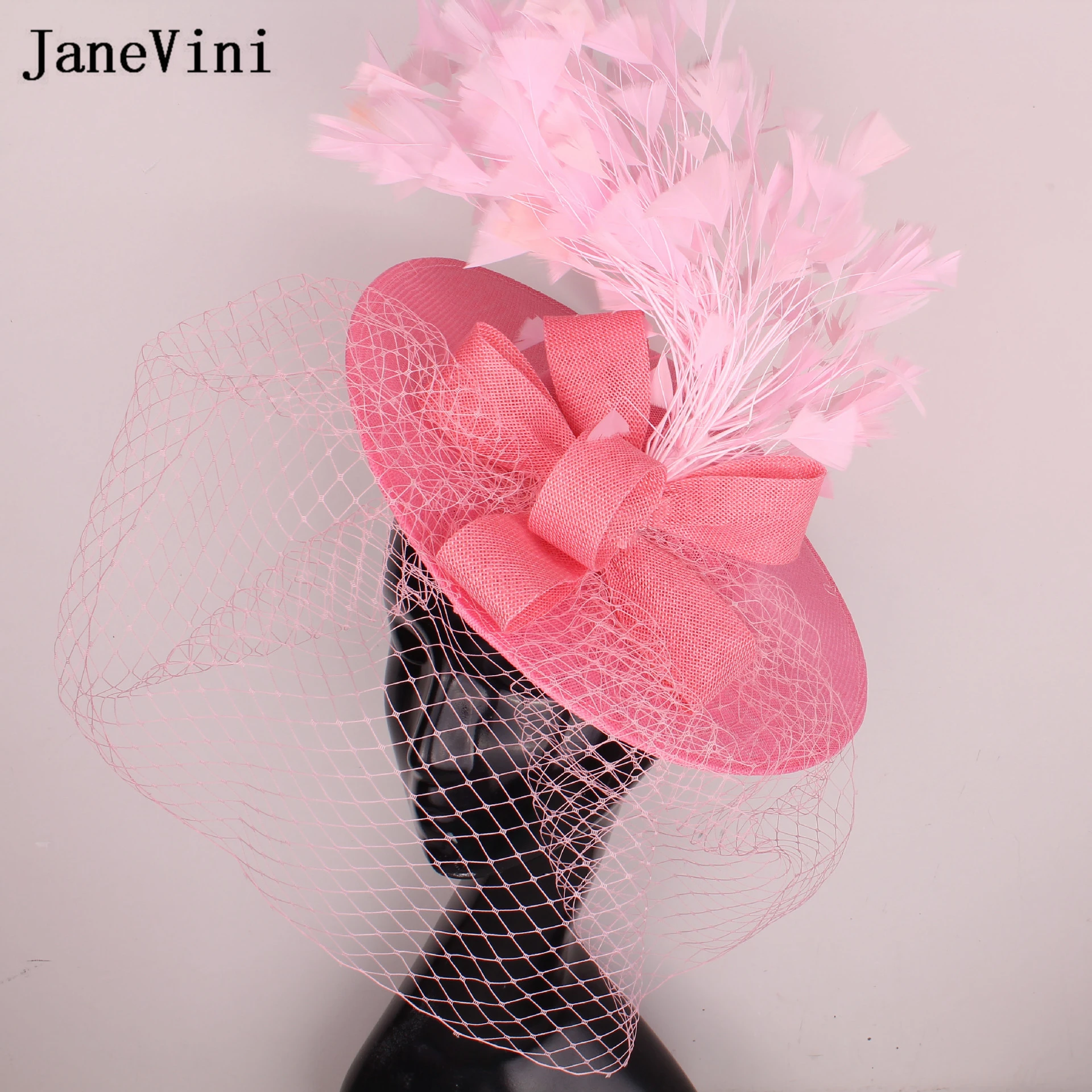 JaneVini-sombreros elegantes y grandes para mujer, velo De malla De lino para jaula De pájaros, sombrero De encaje De novia De princesa marfil, Accesorios De novia