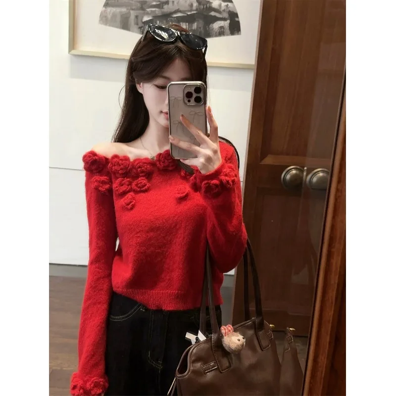 Kimotimo Autumn Winter 3D Flower Off Shoulder Sweater Women French Sexy Slim Long Sleeve Short Pullover Fashion Y2k Knitwear Top