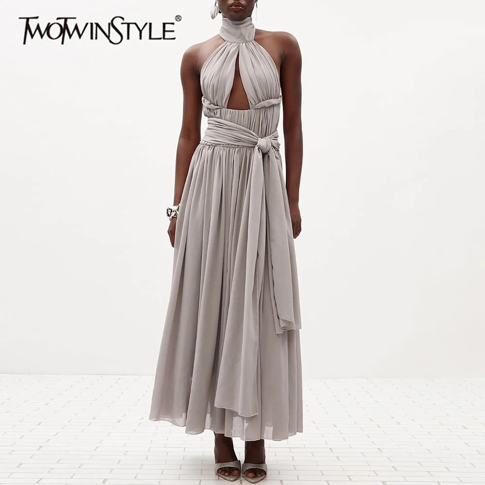 TWOTWINSTYLE High End Style Gray Chiffon Waist Knot Design Maxi Dress for Women Turtleneck Flowy Evening Skirt for Romantic Date