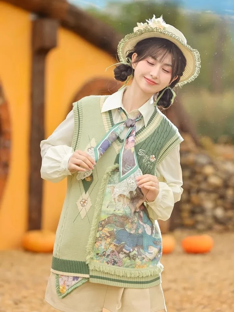 

Mori Girl Лоскутный вязаный жилет с принтом для женщин 2024, новый свитер с v-образным вырезом и перекрытием, жилет, корейский милый пуловер