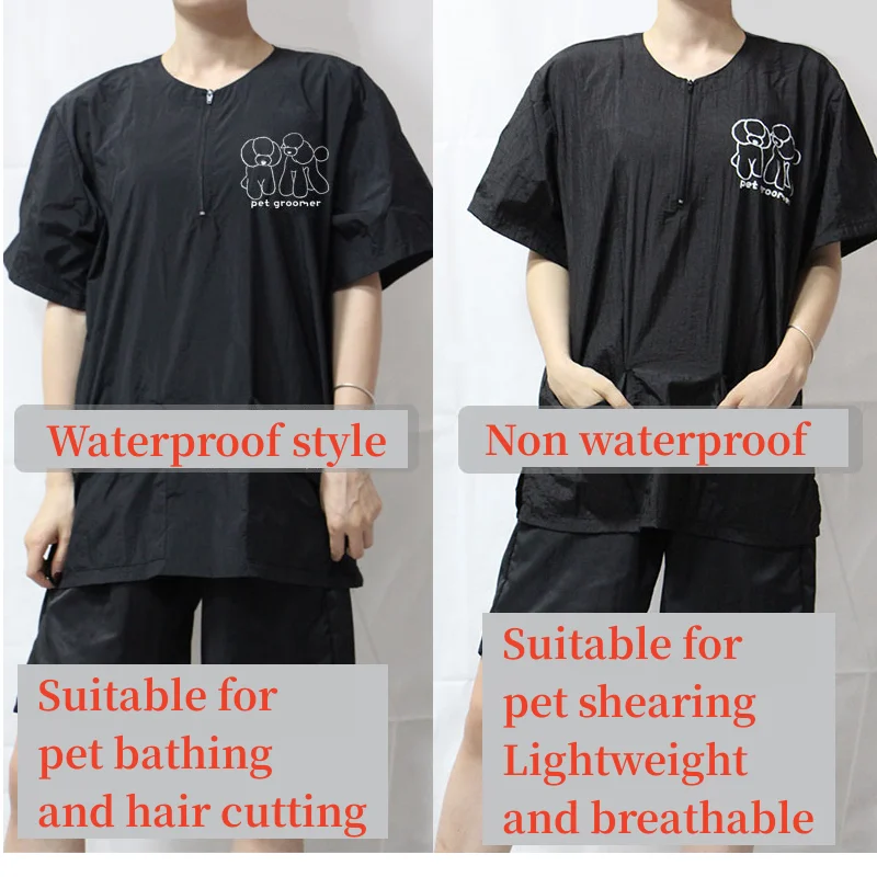 Ropa de trabajo para Peluqueros de mascotas, uniformes de aseo para perros, Tops impermeables a prueba de pelo, delantal de manga corta, bata negra