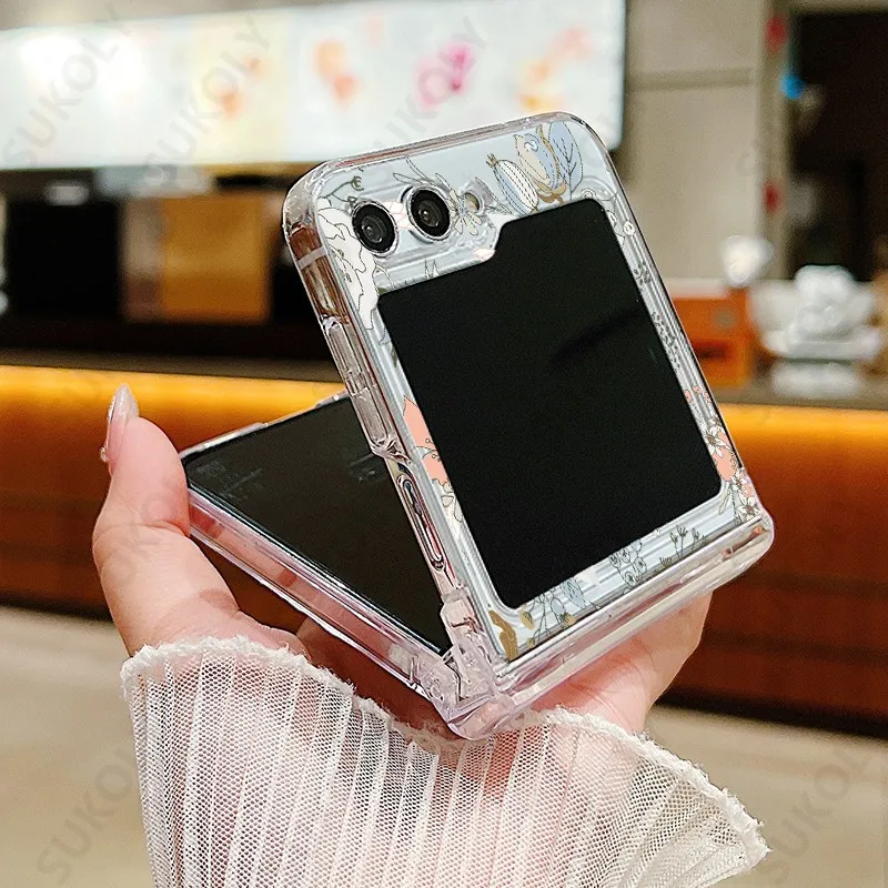 For Samsung Galaxy Z Flip 5 Z Flip 4 Z Flip 6 Flower Pattern Clear Case For Samsung Z5 Z4 Z3 Shockproof Hard PC Folding Cover
