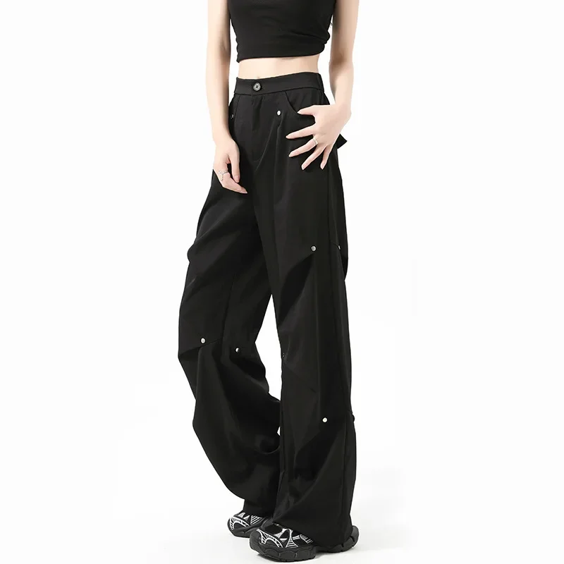 Summer Women's Casual Trousers 2024 New Fashion High-waist Design Sensibility Blackcropped Studded Workwear Wide-leg Pants