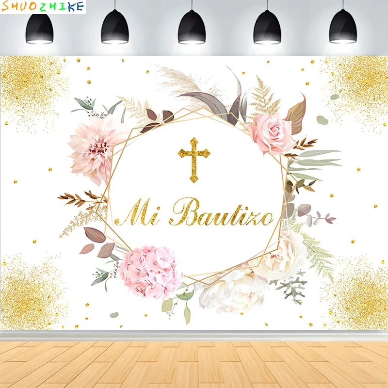 Mi Bautizo الزهور خلفية لفتاة المعمودية الذهب الصليب بوهو الأزهار يترك ديكور الذهب الترتر التصوير خلفية CR-01