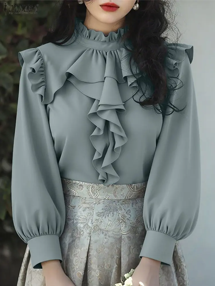 ZANZEA أنيقة مكتب سيدة بلايز تكدرت القمصان 2025 المرأة الخريف طويلة الأكمام الوقوف طوق بلوزة موضة عادية الصلبة Blusas OL