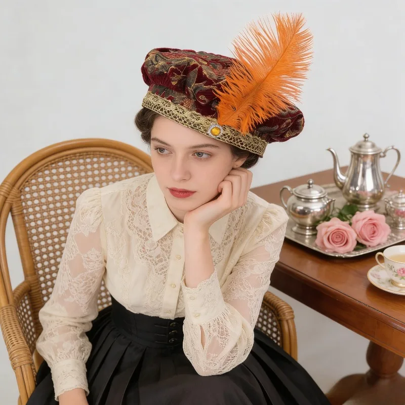 

Medieval Tudor Hat with Feather Puff Top Cap COS Performance Costume Headdress Renaissance Fair