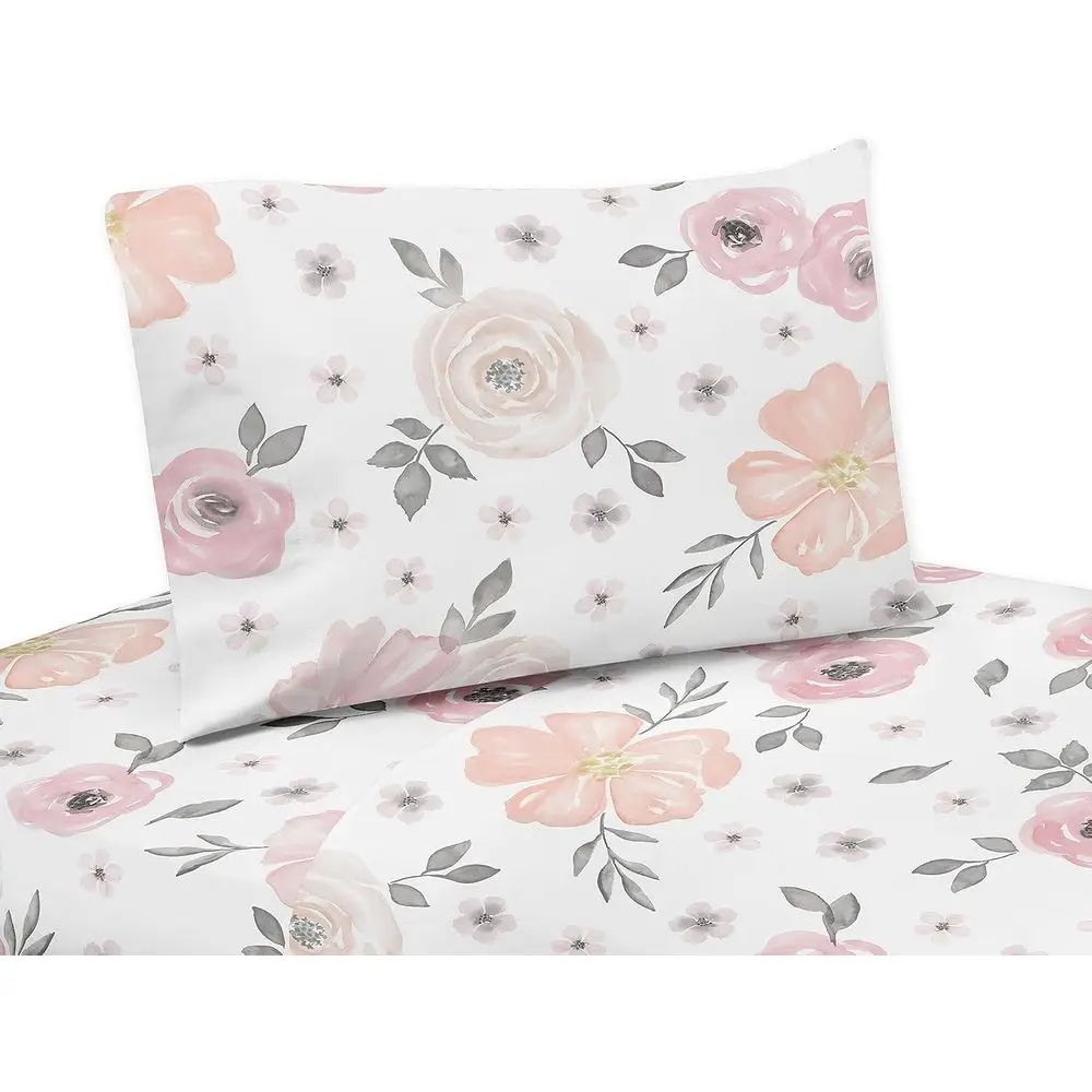 

4-Piece Queen Sheet Set - Pink/Grey Bohemian Floral for Girls, Kids, and Adults with Watercolor, Lower, Elegant Rose Patterns