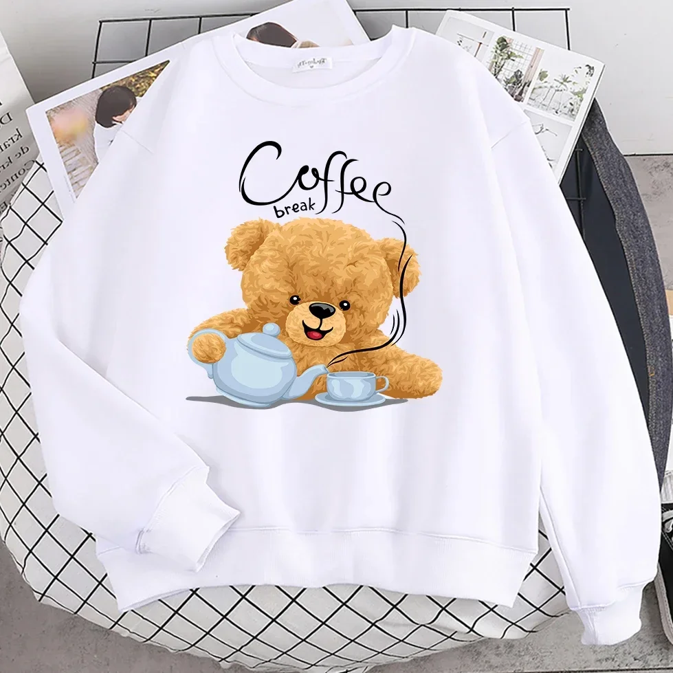 Street Casual Womens Sweatshirt Coffee Break Teddy Bear Making Coffee Print Hoodies Loose Soft Pullovers Crewneck Fleece Clothes