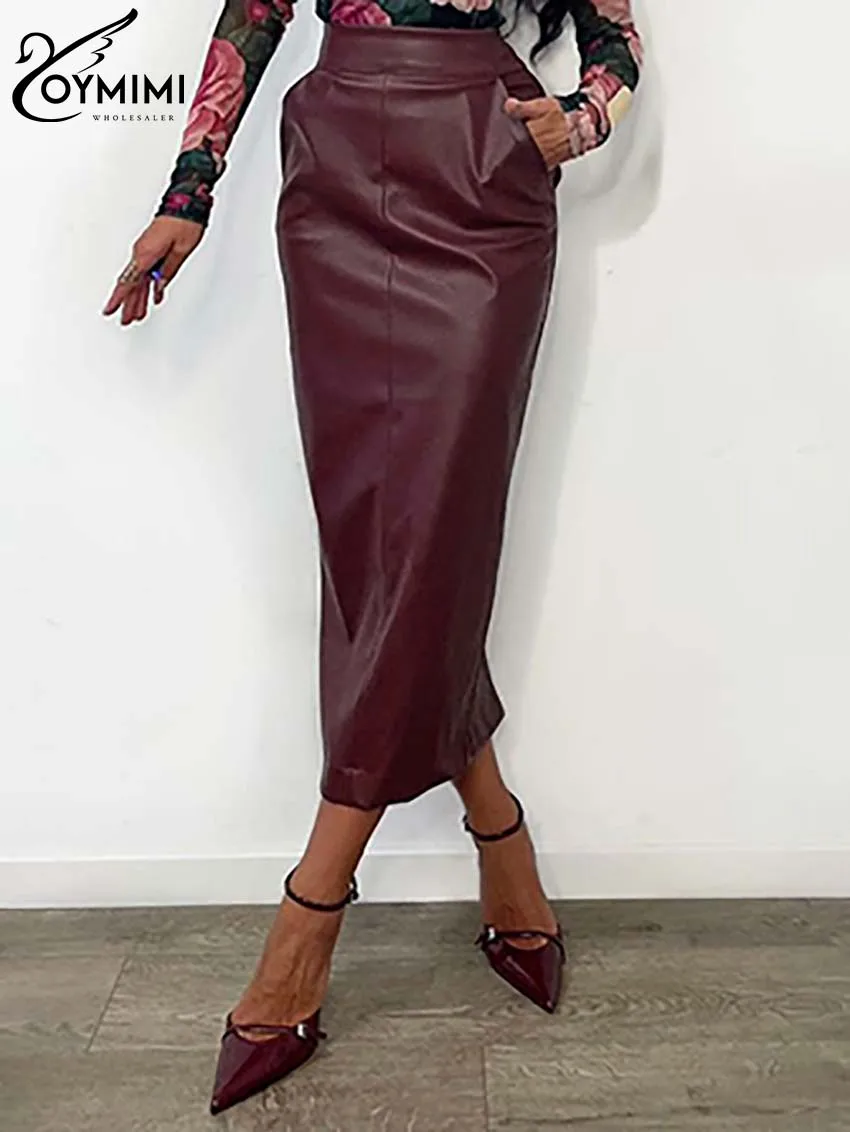 Oymimi Elegant Wine Red Pu Leather Skirts For Women Fashion High Waist Pockets Slim Skirts Casual New Straight Mid-Calf Skirts