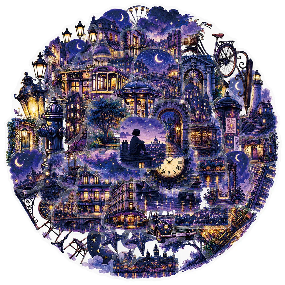 10/30/50pcs Transparent Purple Dreamy European-Style Night Scene Stickers Waterproof Graffiti Scrapbooking Phone Case