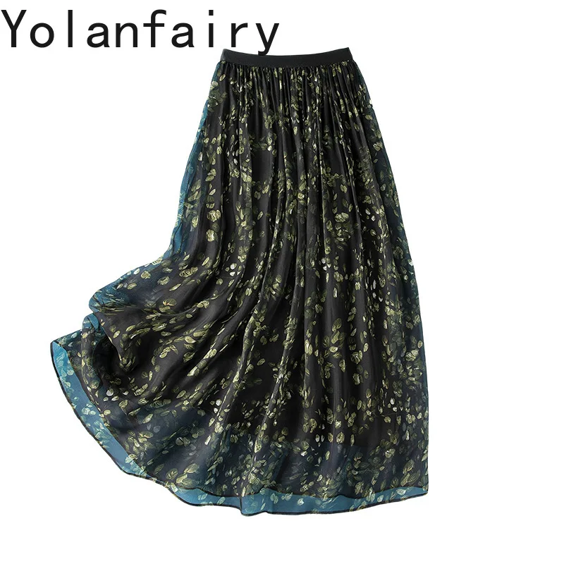 

YOLANFAIRY Винтажная длинная юбка из натурального шелка для женщин, 100% шелковая юбка из тутового шелкопряда, элегантная юбка с цветочным принтом, на эластичной талии
