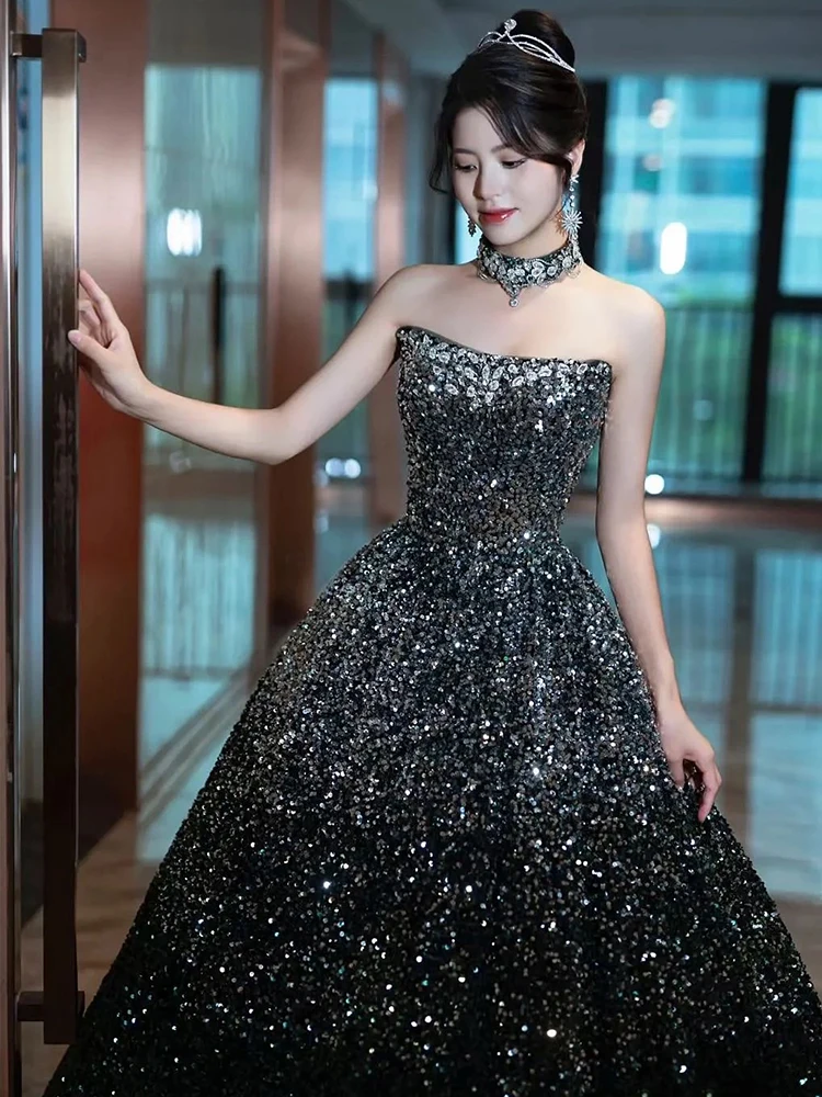 Customized Luxury Sequins Evening Dress Sparkling Strapless A-line Prom Party Gowns for Women Vestidos De Noche