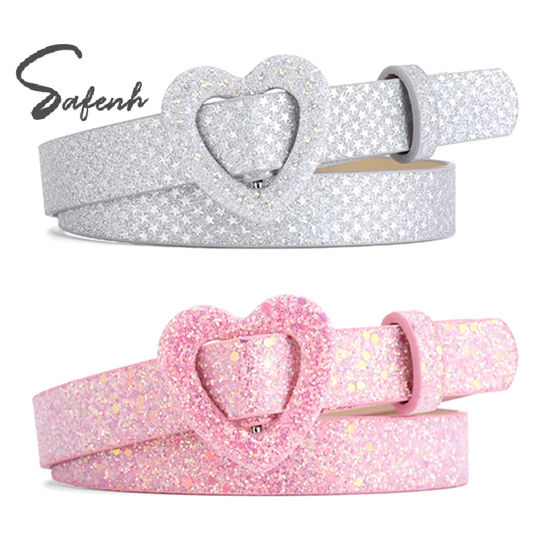 

Fashion Shiny Glitter Ladies Waist Belt Heart Pin Buckle Jeans Belts For Women Pu Waistbands Pink Silver Jeans Decorative Belt