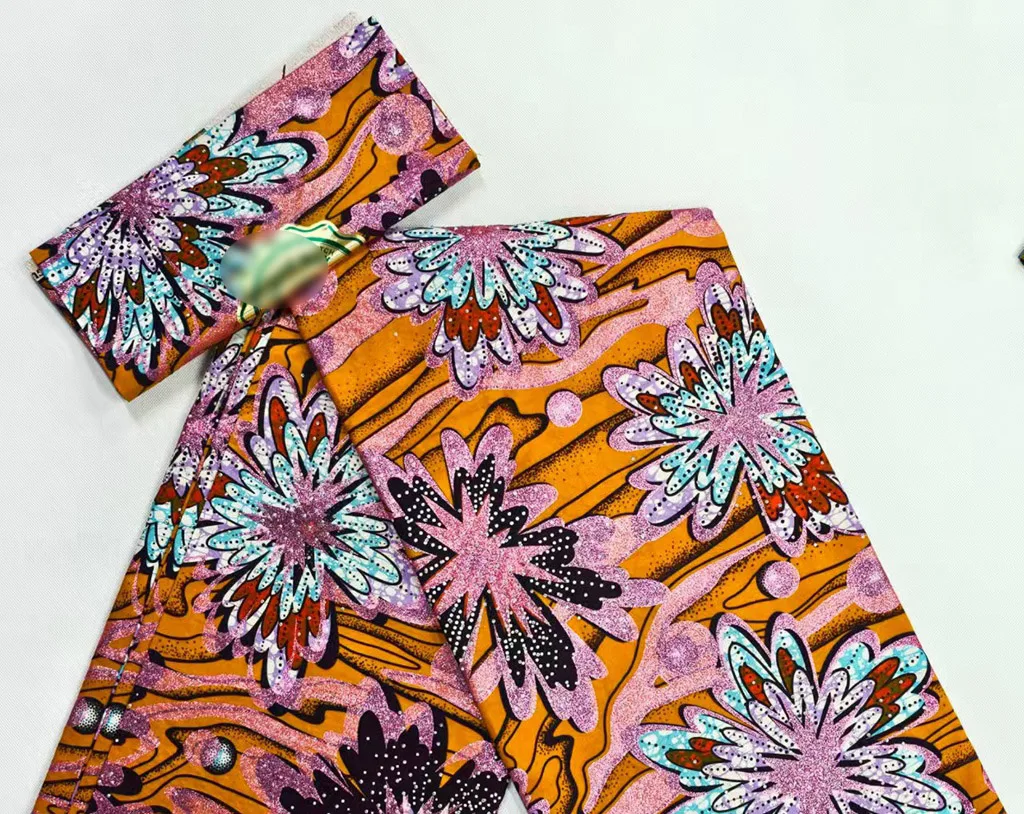 

2025 Soft Glitter Cotton Ankara Wax Fabric 6 Yards Super Quality African Batik Print Gold Flash Grand Wax Fabric with Stones