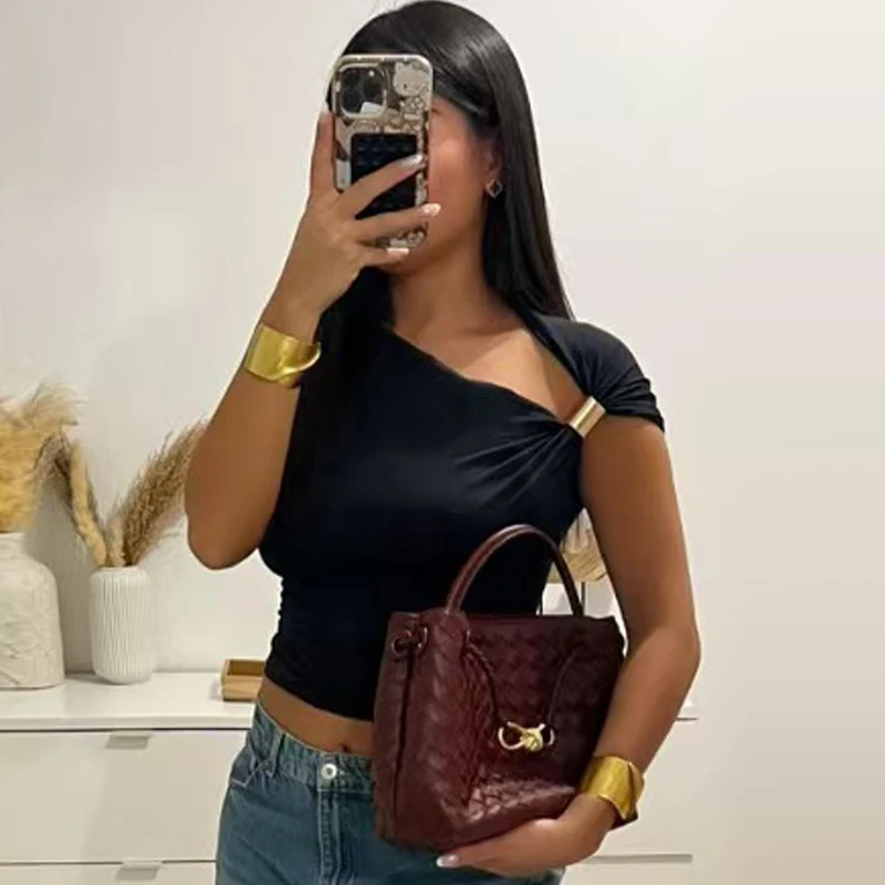 HXAO 2025 Women Asymmetrical Top Spring Summer Yellow Black Khaki Tanks & Camis Sexy Tight Y2k T-Shirt Lady Fashion Tank Top 066 image 5