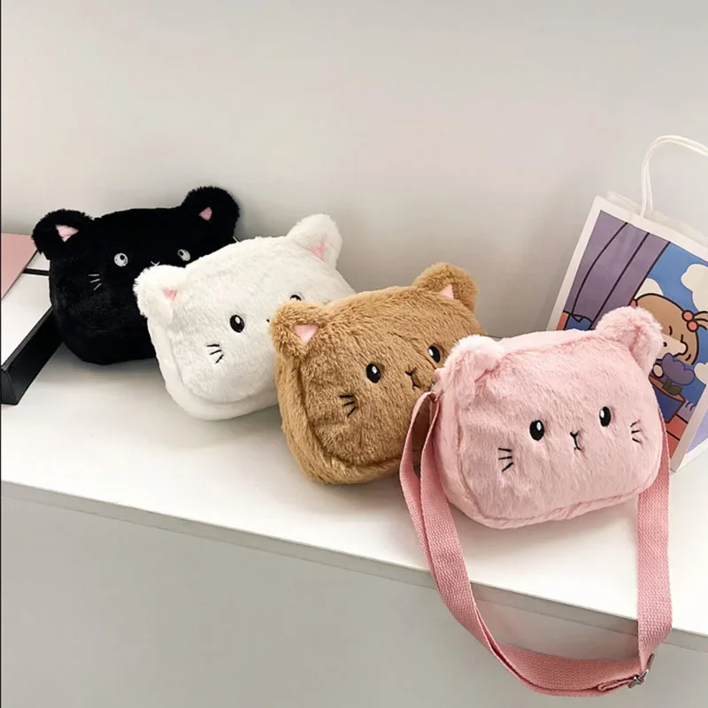 1PCS Portable High Capacity Outdoor Plush Bag Cute Kids Bag for Girls Kawaii Cartoon Animal Cat Messenger Bag for Children