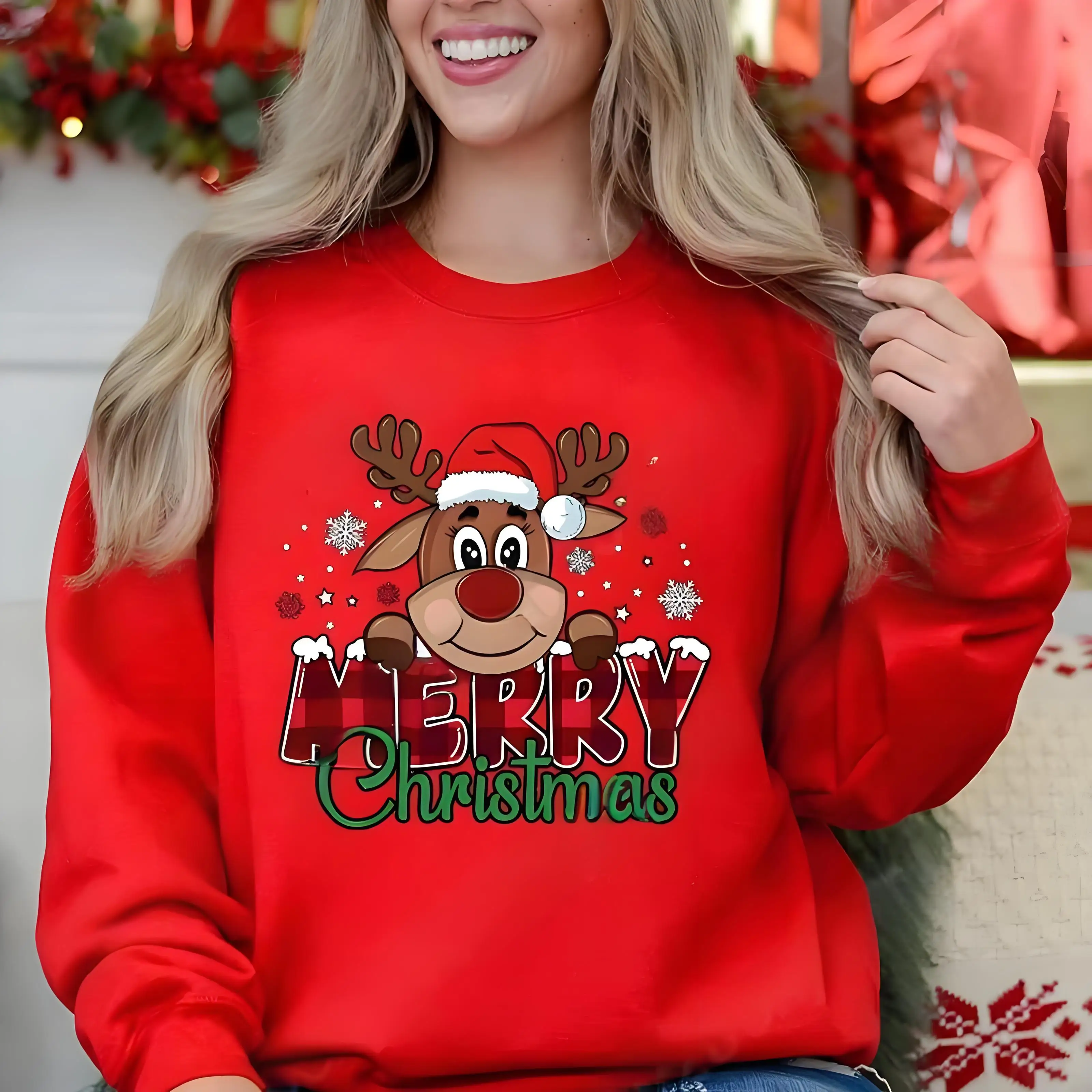  Women's Christmas Reindeer Plaid Pattern Hoodie Long Sleeve round Neck Sports Shirt Winter Leisure Outdoor Street Fashion tops