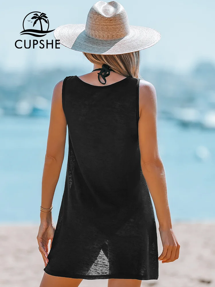 CUPSHE Slub Knit Twist-Hem Bikini Swim Cover Up For Women Sexy Sleeveless Beach Tunic Mini Cover Up Dress 2023 Summer Beachwear