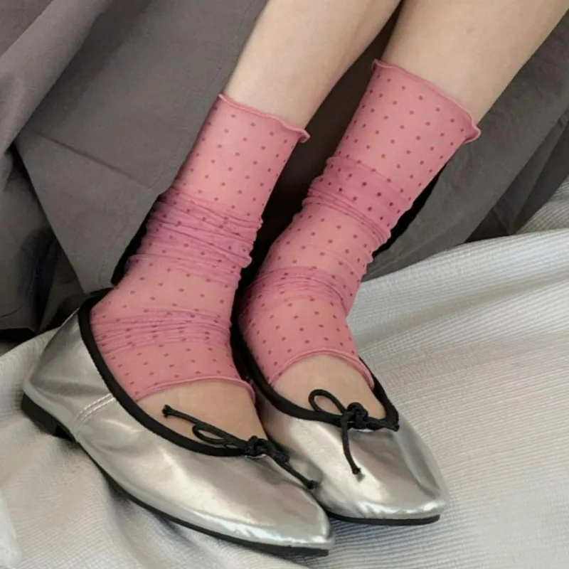 Polka Dot Lace Socks Women Thin Silk Sheer Stacked Socks Summer Chic Korean Style Elegant Femme JK Lolita Sockings Fashion