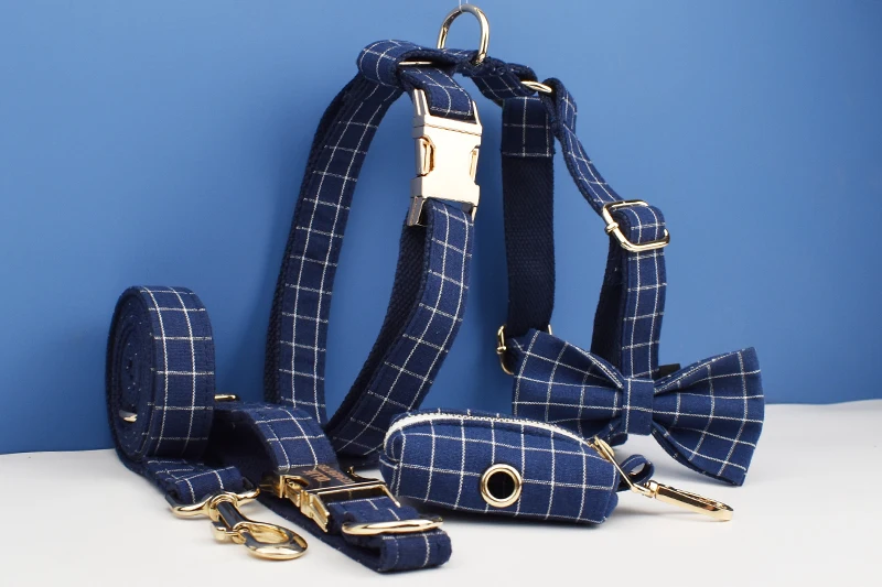 Dark Blue Check Dog Collar Leashes Harness Bow Set Grid 02