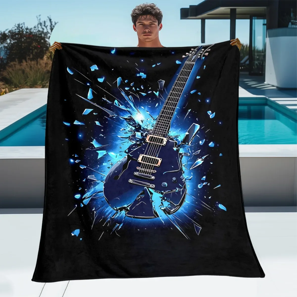 Electric Guitar Burst Energy Blue Splatter Design Throw Blanket for Music Lovers Gift Idea