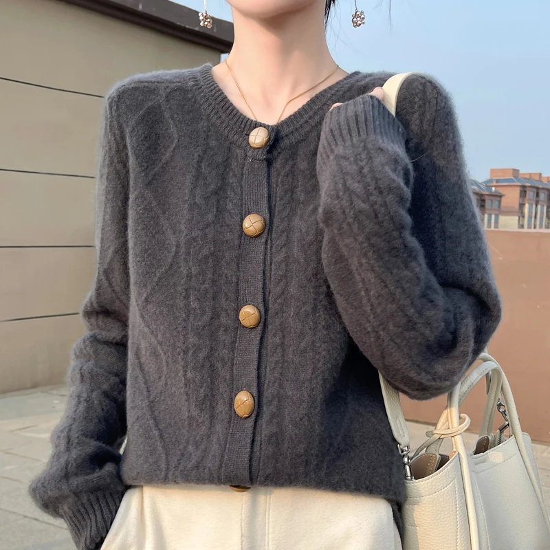 

Autumn Winter New Thick Sweater For Women 100% Merino Wool Cardigan O-Neck Long Sleeve Twist Flower Warm Cashmere Knitwear Tops