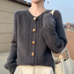 Autumn Winter New Thick Sweater For Women 100% Merino Wool Cardigan O-Neck Long Sleeve Twist Flower Warm Cashmere Knitwear Tops