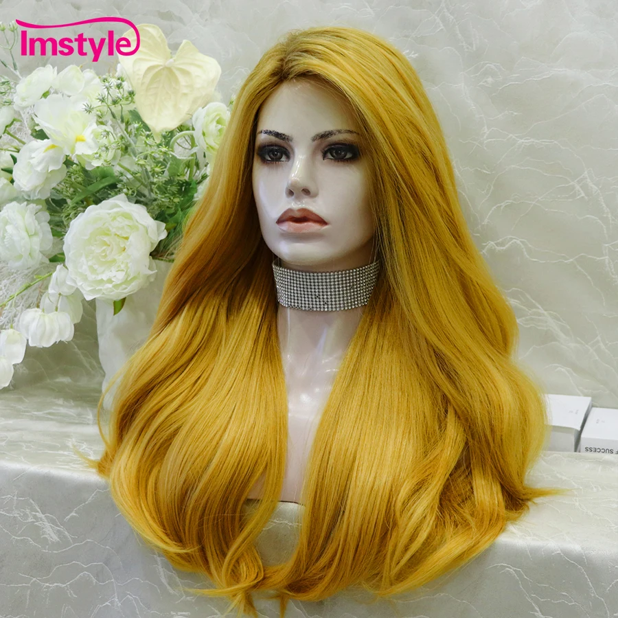 Imstyle Synthetic Wig For Cosplay Wig Yellow Long Natural Wavy Wigs Women Wig Dark RootHeat Resistant Fiber