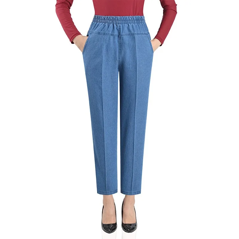 High Waist plus Size Denim Jeans Loose Summer Thin Elastic Waist Mom Sle Straight Leg Nine Point Women's Pants for Middle-A...
