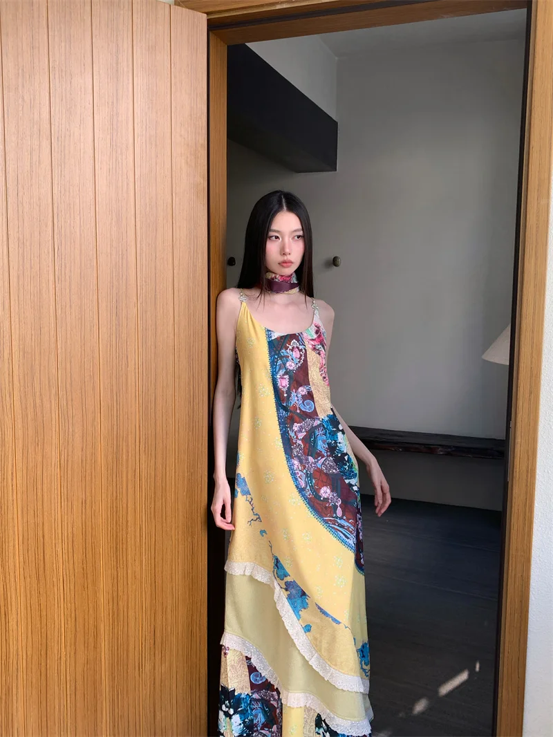 CHEERART Boho Vintage jaune robe longue à fleurs pour femme 2025 été dentelle Patchwork une ligne Maxi robe de vacances tenues de vacances