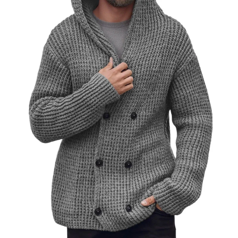 Leisure Solid Color Sweatercoats Mens Autumn Winter Warm Knitting Cardigans for Men Fashion Button-up Hooded Sweater Jacket Coat