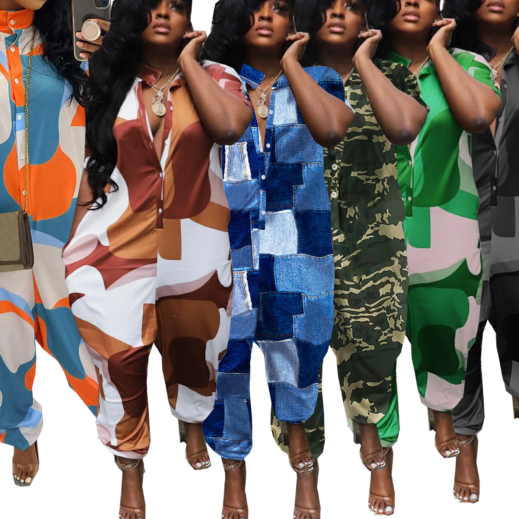 

2025 Fashion Summer Sexy Jumpsuit Short-sleeved Casual Lapel Loose Jumpsuit Irregular Print