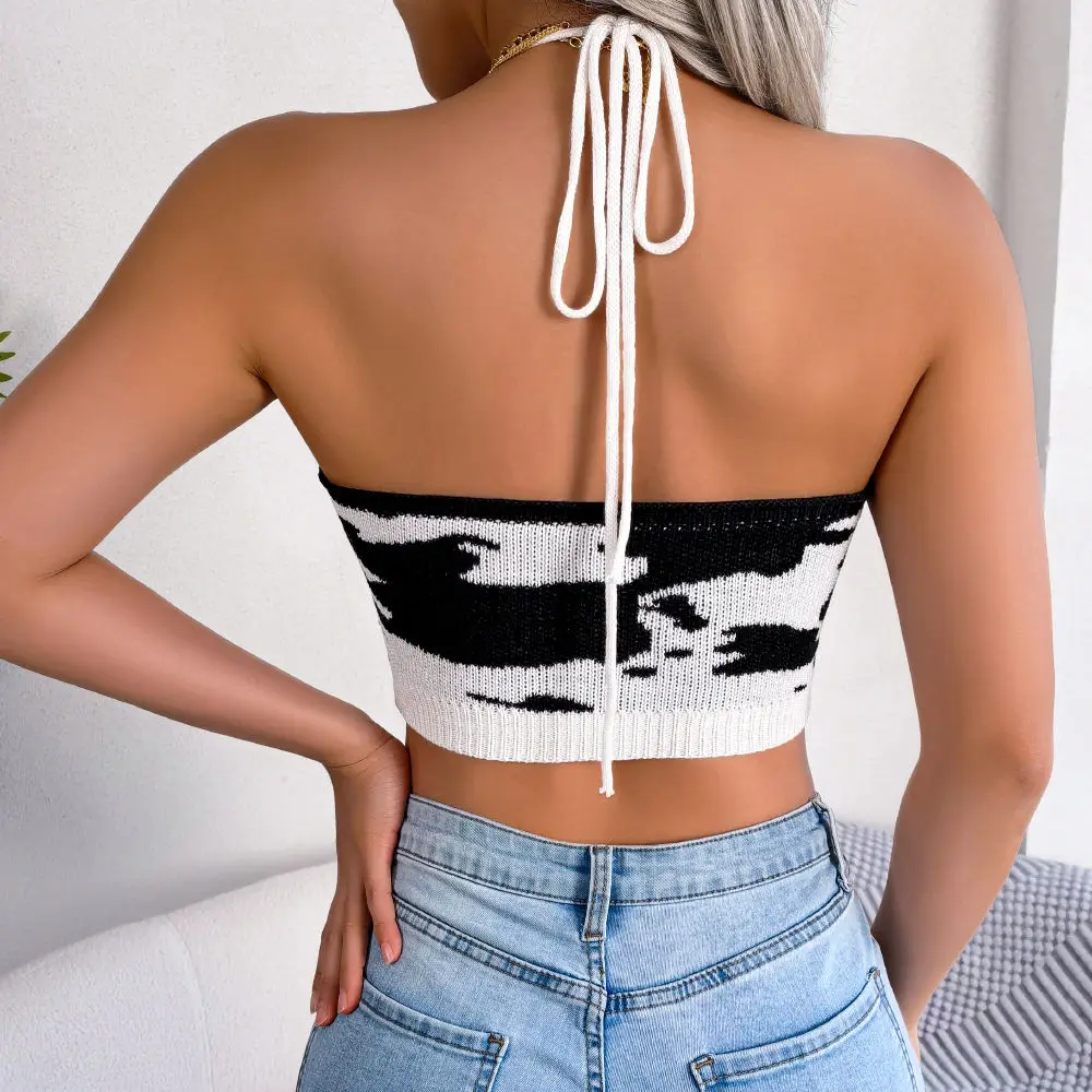 F 2023 New Women Spring Summer Leisure Halter Cow Pattern Waist Strap Top Open Navel Knit Tank For Female