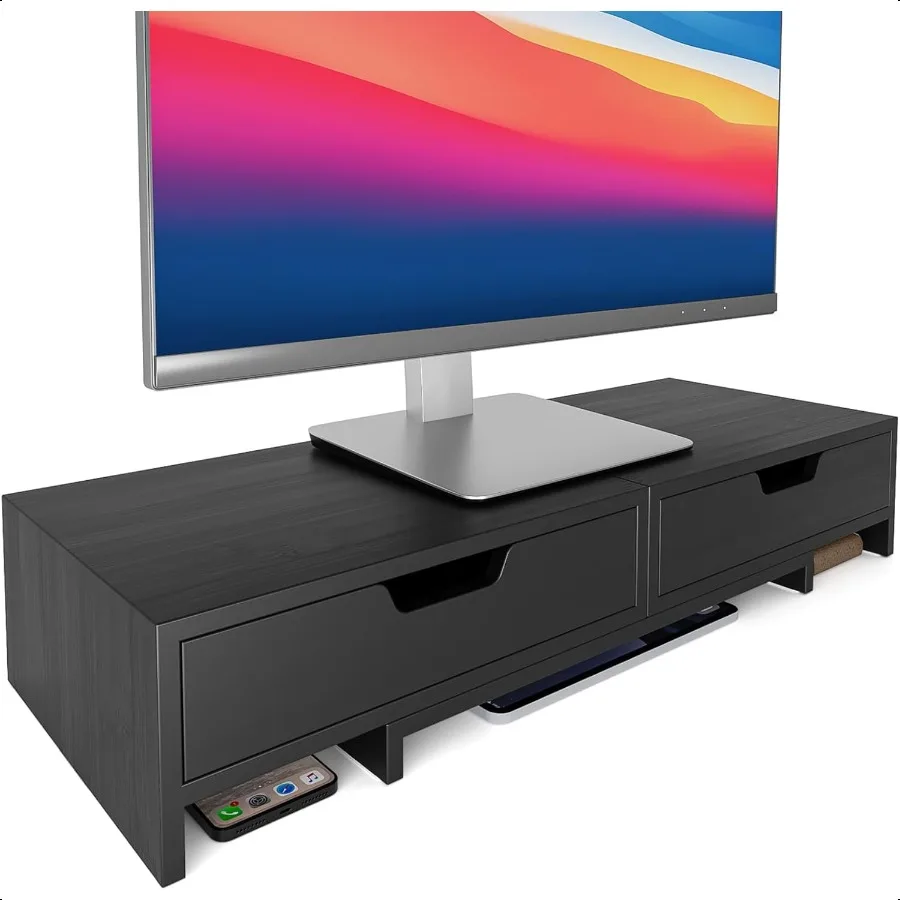 

Computer Monitor Stand Riser with 2 Storage Drawers for Desk Premium Bamboo Monitor Shelf for Laptop Computer i No Assembly Req