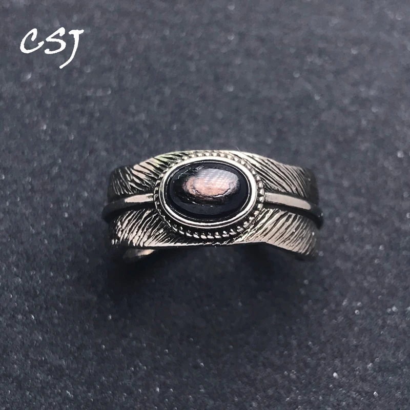 

CSJ Vintage Natural Hypersthene Feather Ring Namibia Gemstone Oval 5*7mm for Women Party Birthday Jewelry Gift