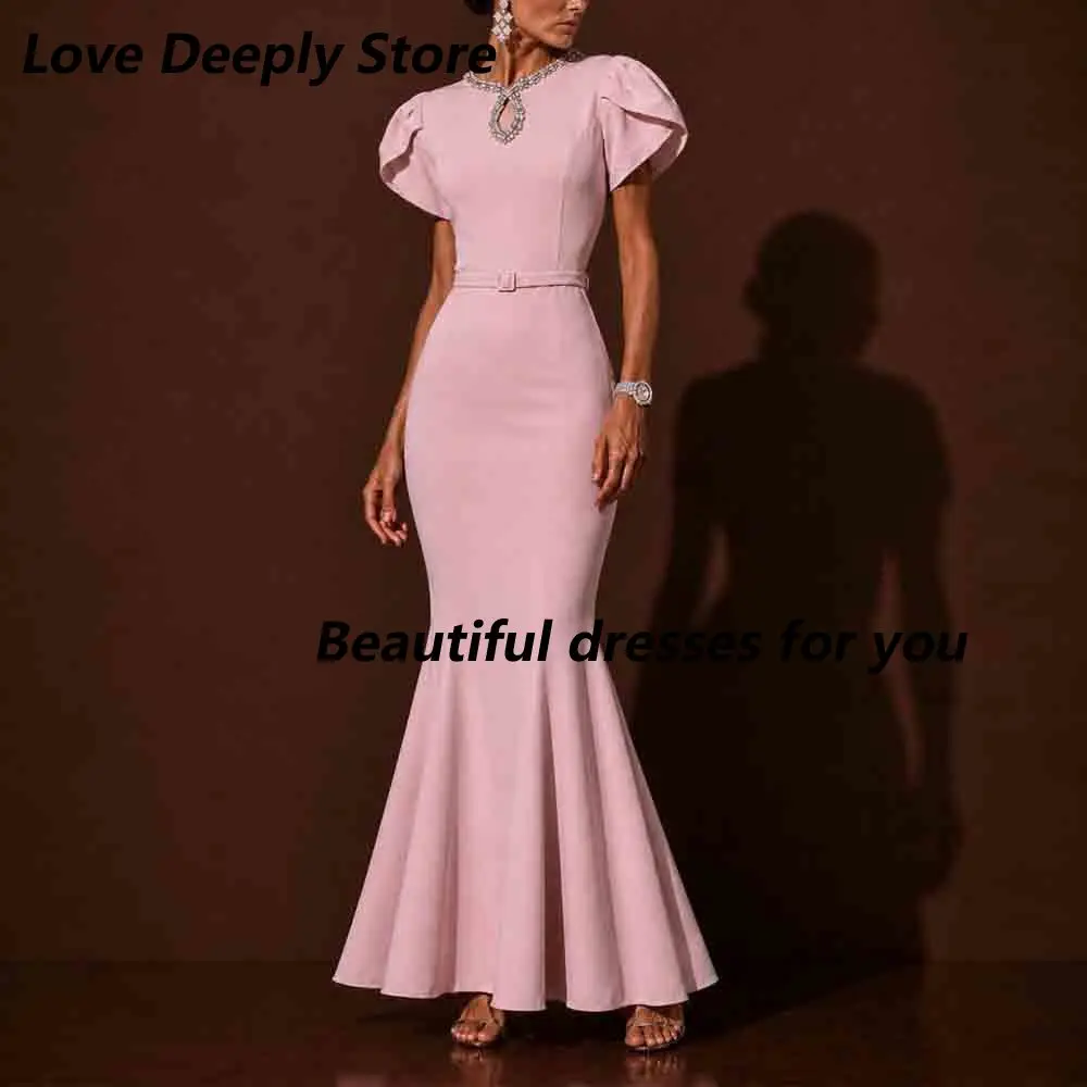 

Pink Mermaid Evening Dress Customized Crystal O Neck Short Sleeves Belt Jersey Ankle Length Wedding Guest Outfit Prom Party Gown