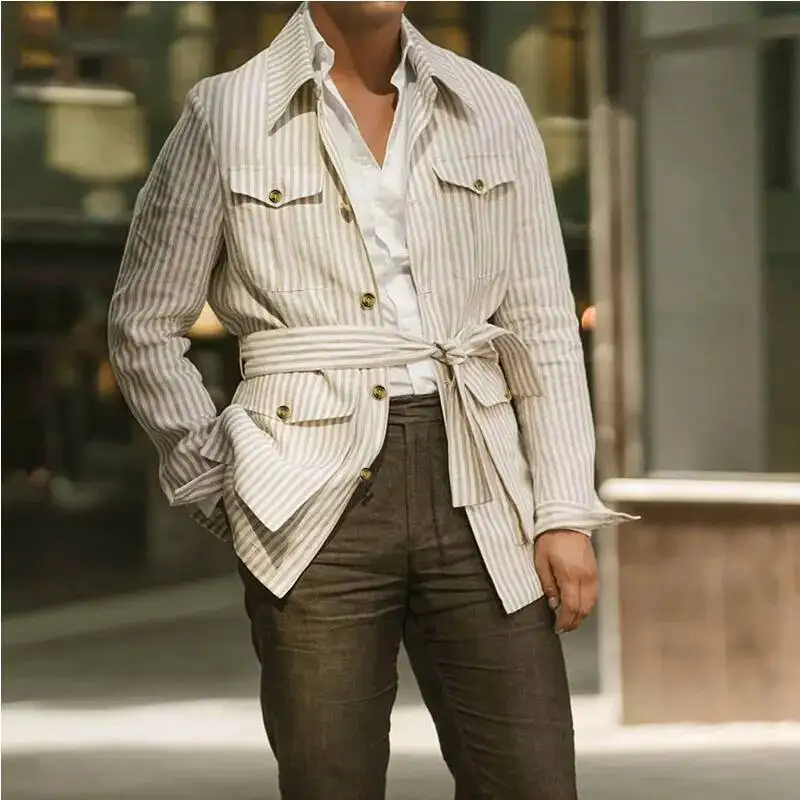 

Spring Clothing Men's Light Luxury Long Sleeve Striped Pocket Casual Streetwear Button-Down Shirt With Belt S-5XL 2026 New