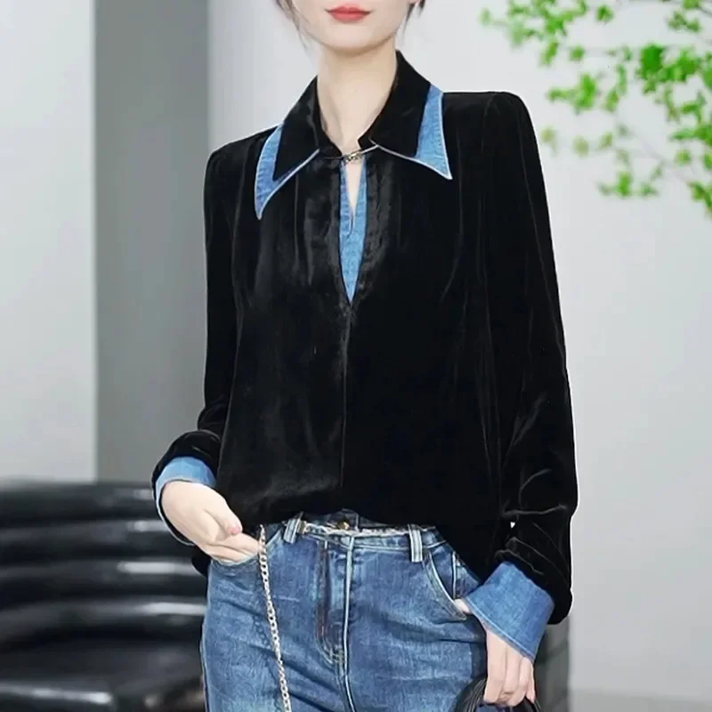 2024 Spring New Denim Splicing POLO Collar Shirt Design Sense Concealing Meat and Showing Thin Velvet Shirt dla kobiet